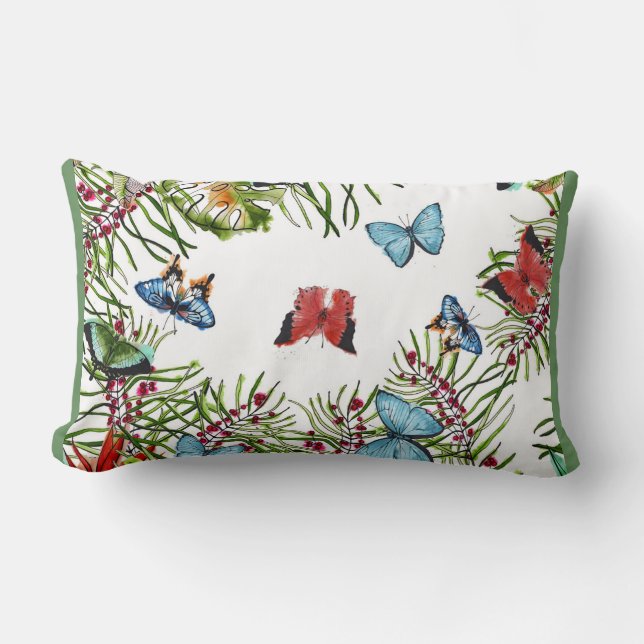 Tropical Plants Butterflies Berries Red Blue   Lumbar Cushion (Front)