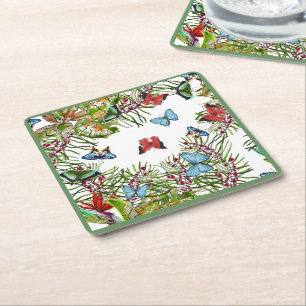 Tropical Plants Butterflies Berries Red Blue     Square Paper Coaster
