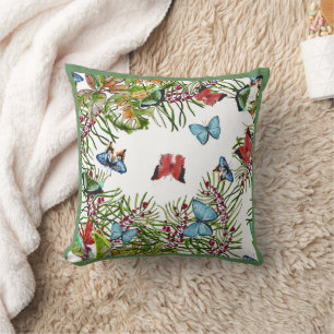  Tropical Plants Butterflies Red Blue  Cushion