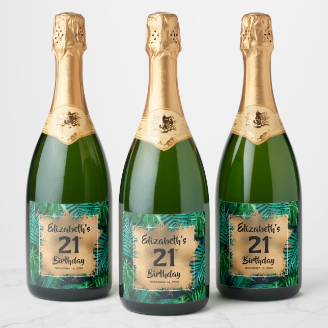Tropical Plants Gold 21st Birthday Personalised Sparkling Wine Label (Bottles)
