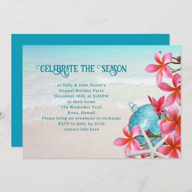 Tropical Plumeria Beach Holiday Party Invitations (Front/Back)