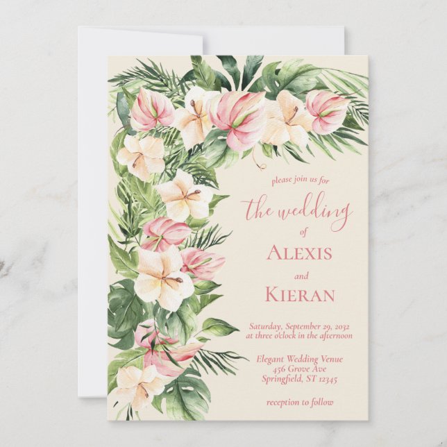 Tropical Plumeria & Flamingo Lily Frame Invitation (Front)