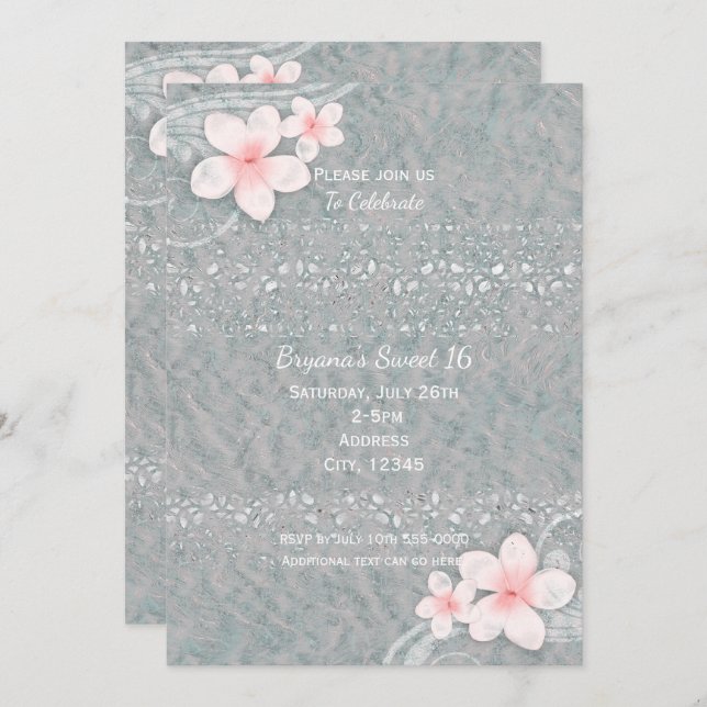 Tropical Plumeria Flower Grey Pink Summer Party Invitation (Front/Back)