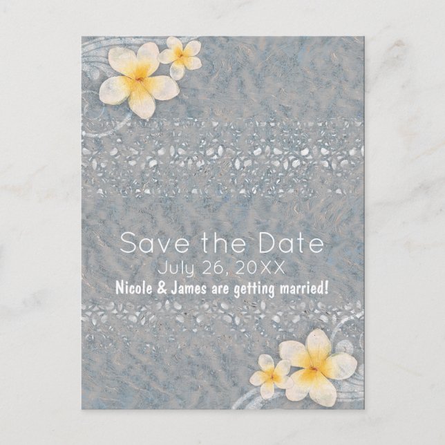 Tropical Plumeria Flower Grey Yellow Save the Date Announcement Postcard (Front)