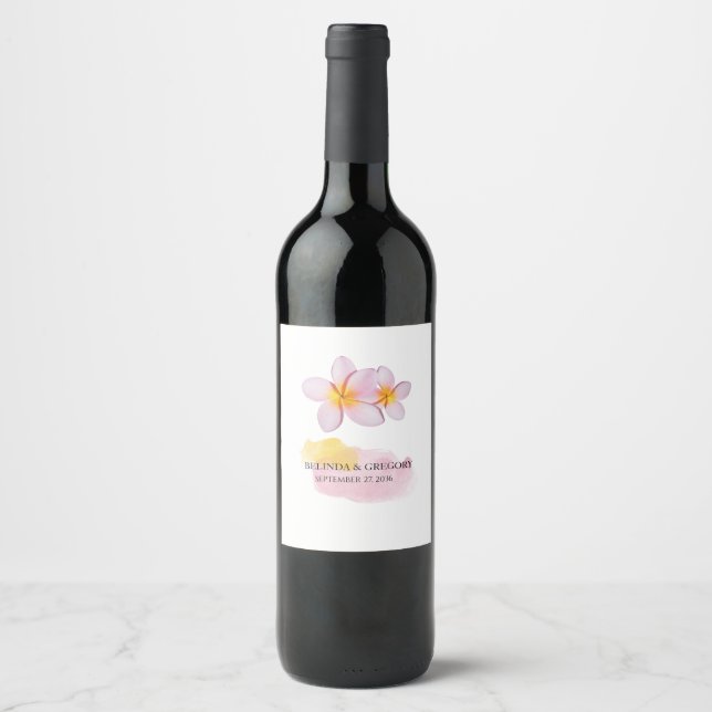 Tropical Plumeria Frangipani Wedding Wine Label (Front)