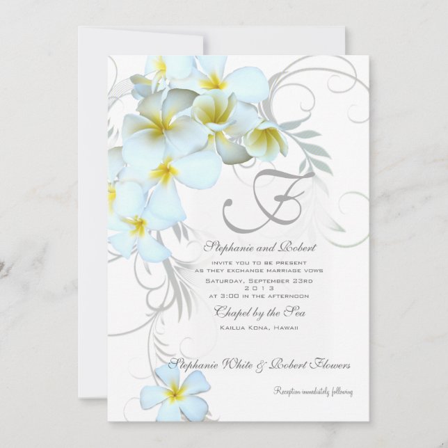 Tropical Plumeria Monogram Wedding Invitations (Front)
