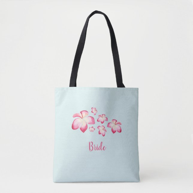 Tropical Plumeria Pink Watercolor Bridal Tote Bag (Front)