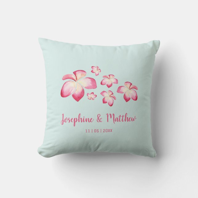 Tropical Plumeria Pink Watercolor Wedding Cushion (Front)