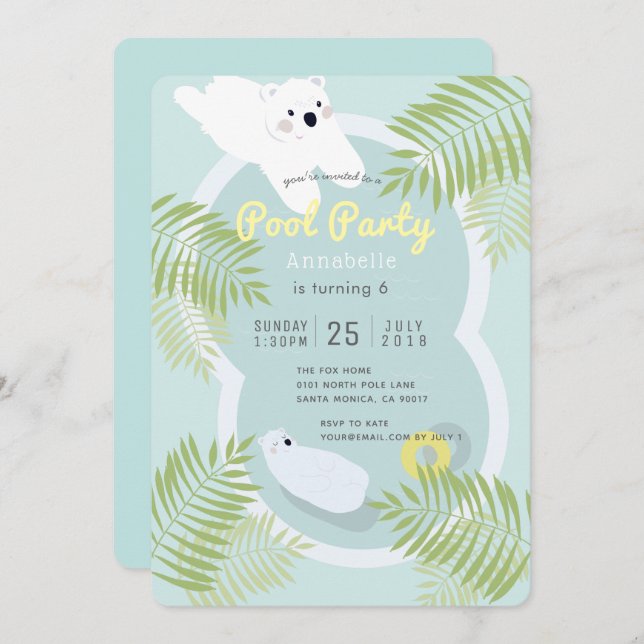 Tropical Polar Bear Pool Party Birthday Invitation (Front/Back)