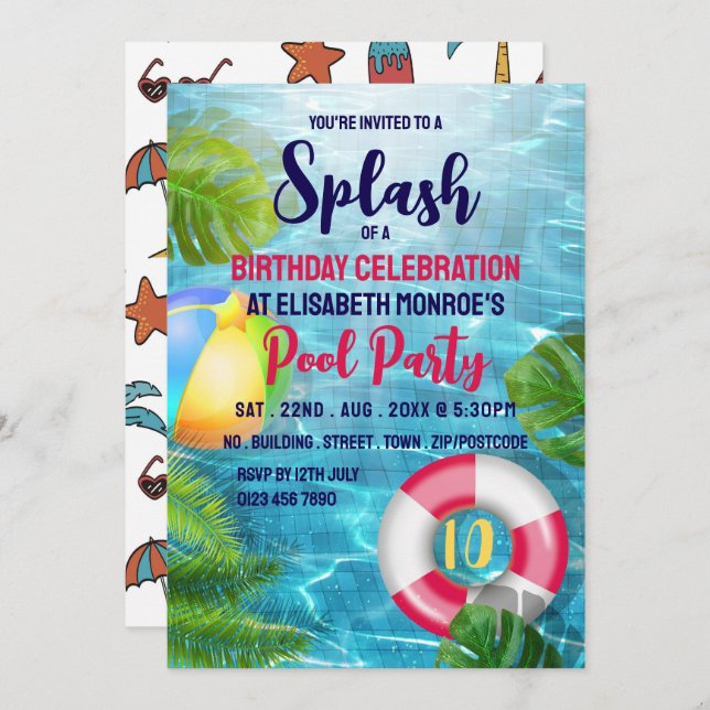 Tropical Pool Beach Ball, Birthday Pool Party Invitation (Front/Back)