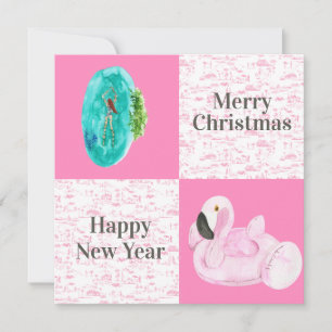 Tropical Pool Flamingo Floatie Toile Christmas  Card