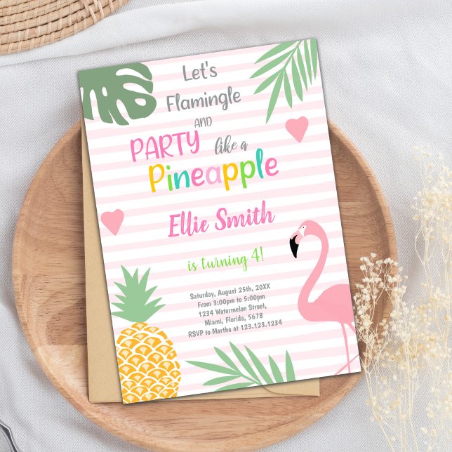 Tropical Pool or Summer Party Card for Girls (Pink Flamingo Birthday Invitations)