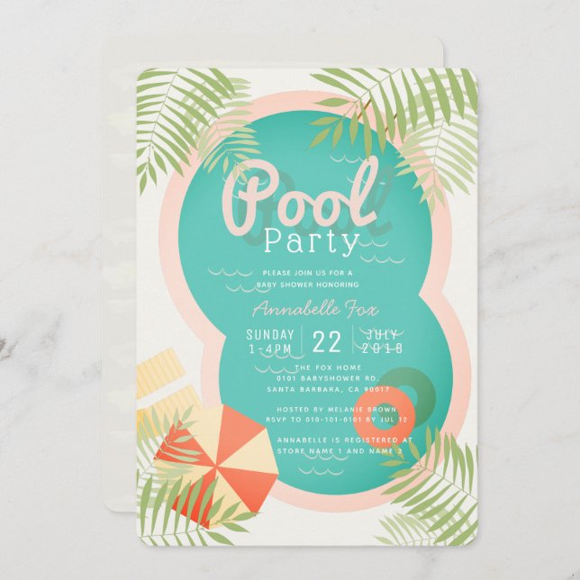 Tropical Pool Party Beige Baby Shower Invitation (Front/Back)