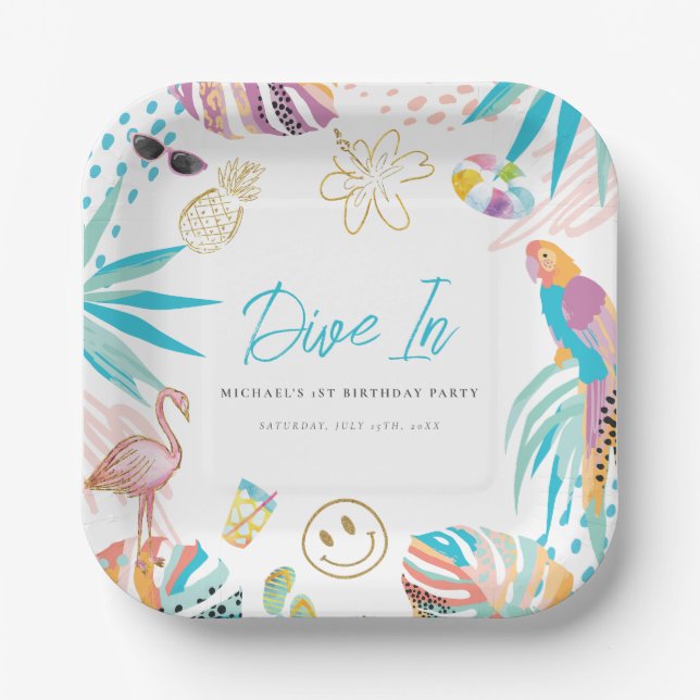 Tropical Pool Party Birthday Paper Plate (Front)