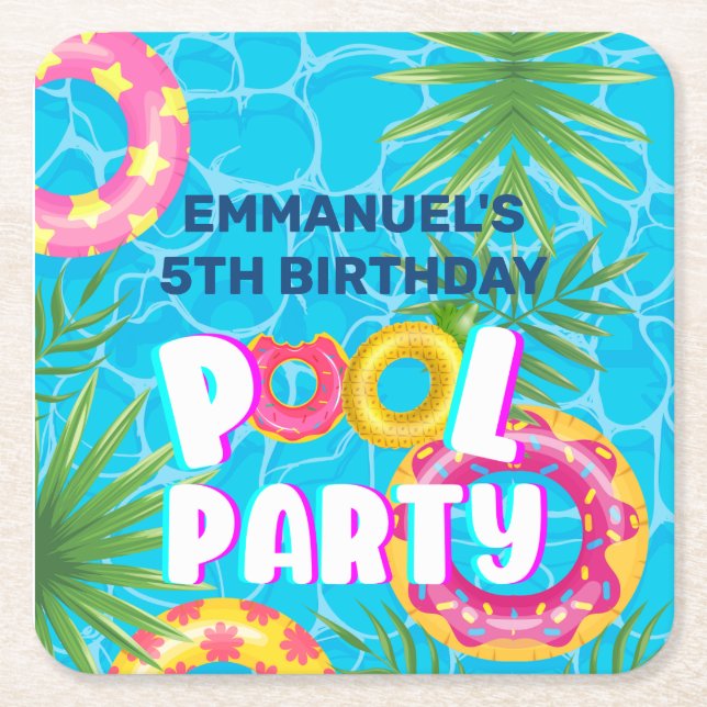 Tropical Pool Party Birthday  Square Paper Coaster (Front)