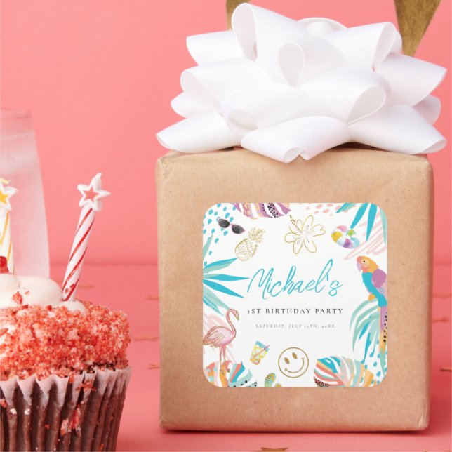 Tropical Pool Party Birthday Square Sticker (Party)