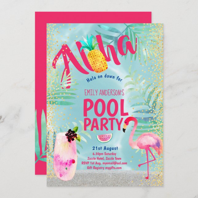 Tropical POOL PARTY Flamingo  Pineapple Aloha Luau Invitation (Front/Back)
