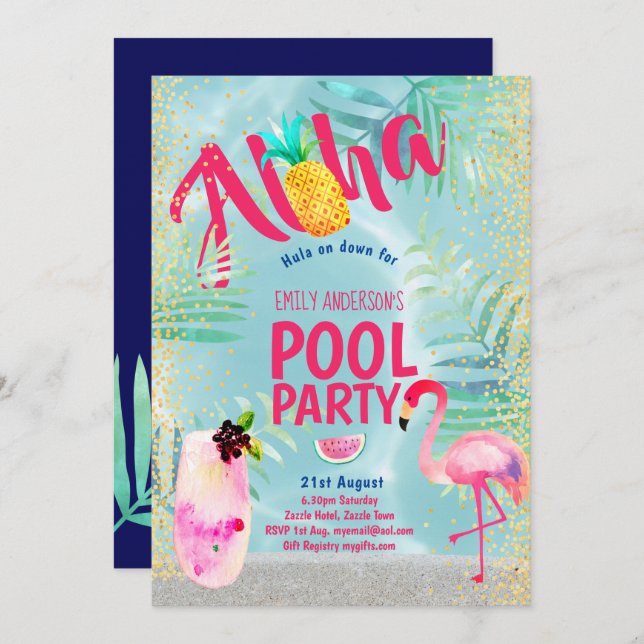 Tropical POOL PARTY Flamingo  Pineapple Aloha Luau Invitation (Front/Back)