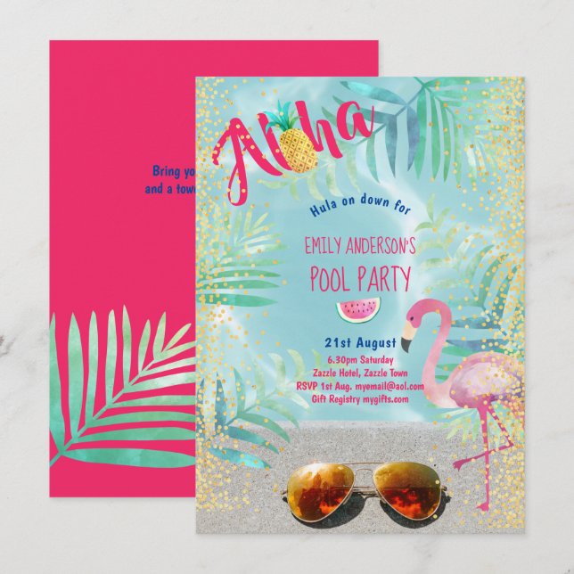 Tropical POOL PARTY Flamingo  Pineapple Aloha Luau Invitation (Front/Back)