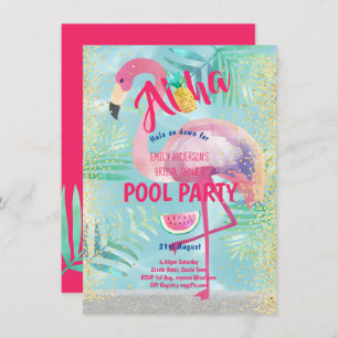 Tropical POOL PARTY Flamingo  Pineapple Aloha Luau Invitation