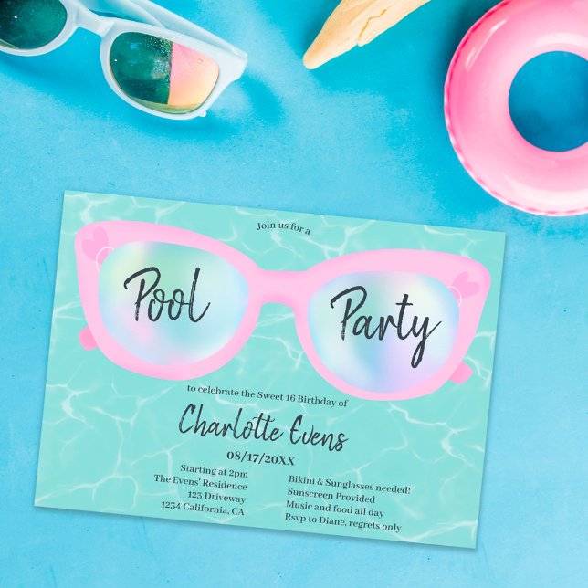 Tropical pool party holographic glasses Sweet 16 Invitation (Creator Uploaded)
