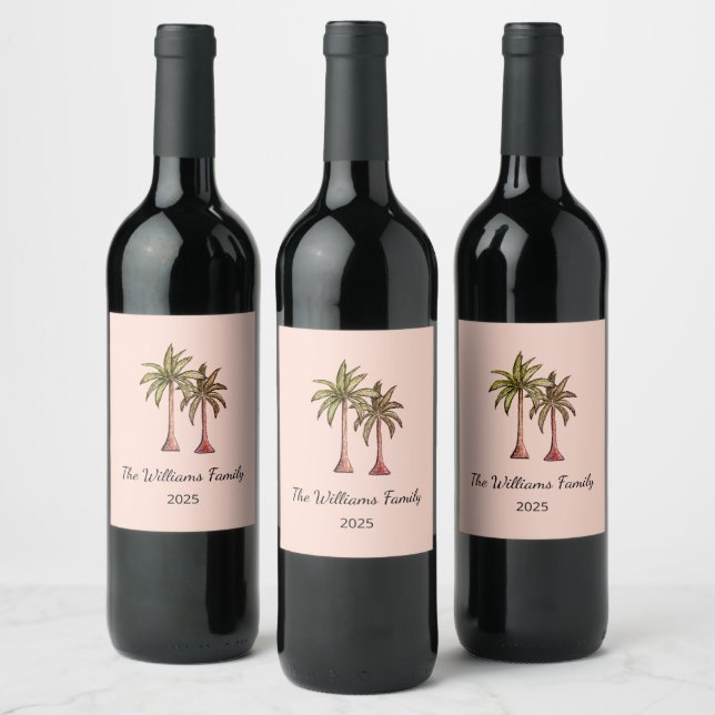 Tropical Pool Party Palm Trees Blush Pink Wine Label (Bottles)