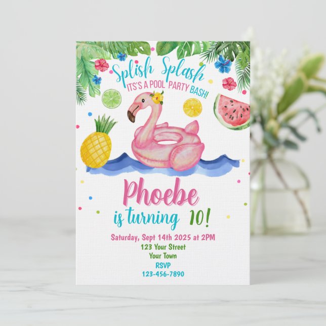 Tropical Pool Party Pink Flamingo Invitation (Standing Front)