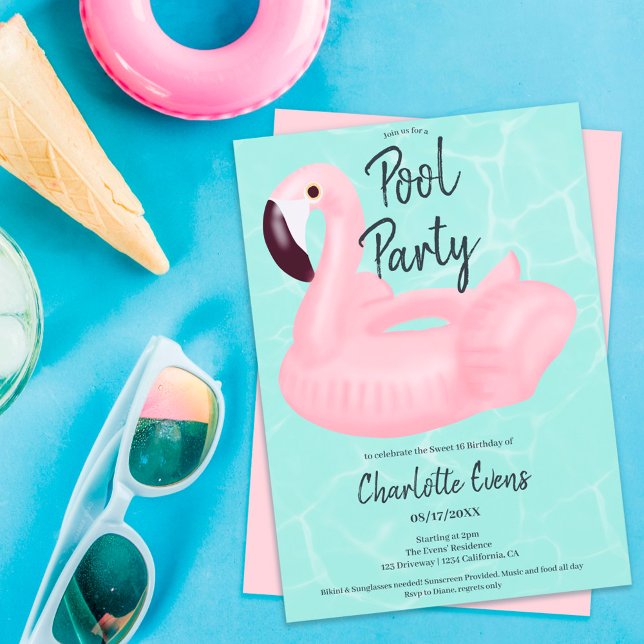 Tropical pool party pink flamingo Sweet 16 Invitation (Creator Uploaded)
