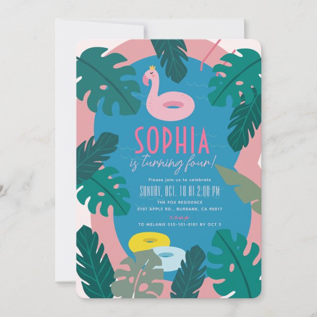 Tropical Pool Party Pink Girl Birthday Invitation (Front)