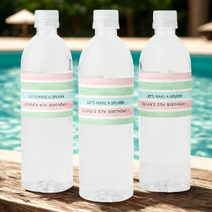 Tropical Pool Party Pink Green Blue Water Bottle Label