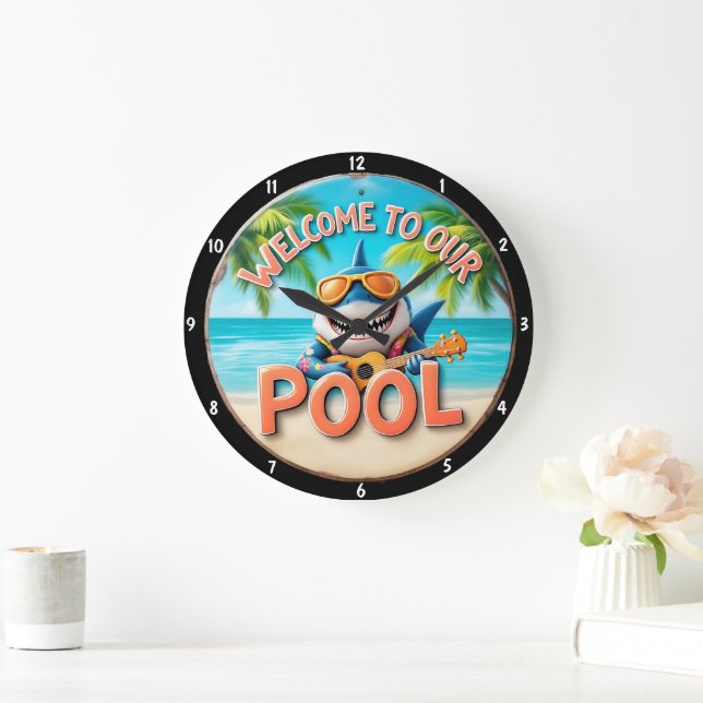 Tropical Pool Shark Playing Guitar Vacation Vibes Large Clock (Home)