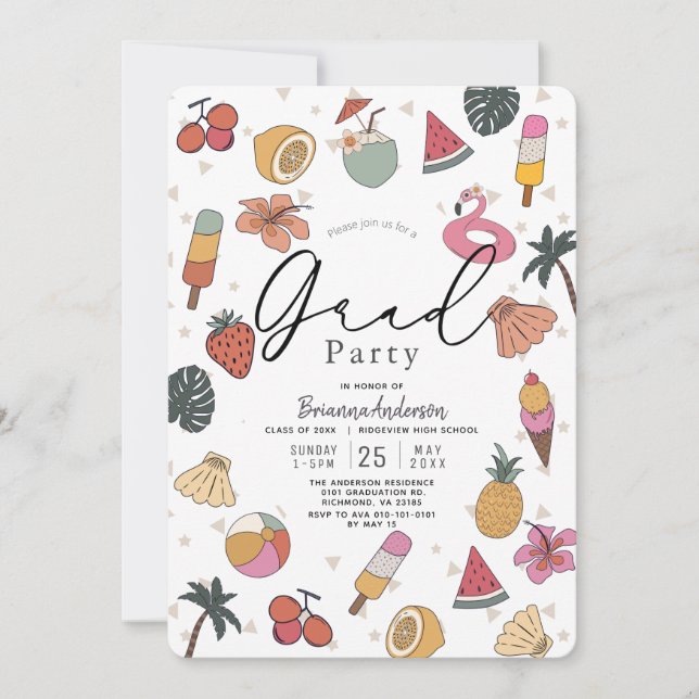 Tropical Pool Summer Items Photo Graduation Invitation (Front)