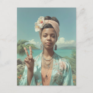 Tropical Portrait with Peace Sign Gesture Postcard
