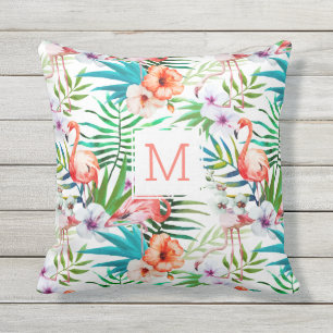Tropical Pretty Floral Flamingo Bird Monogram Cushion