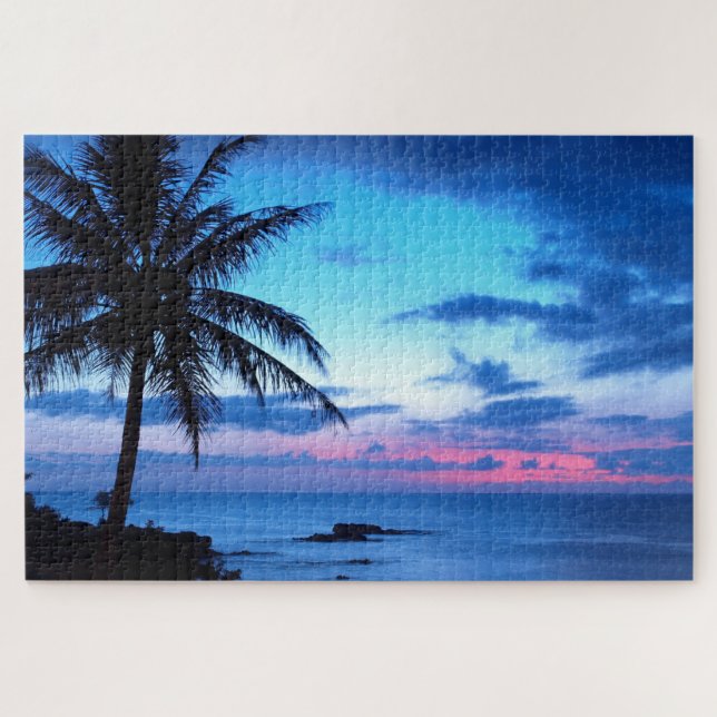 Tropical Pretty Pink Blue Sunset Landscape Art Jigsaw Puzzle (Horizontal)