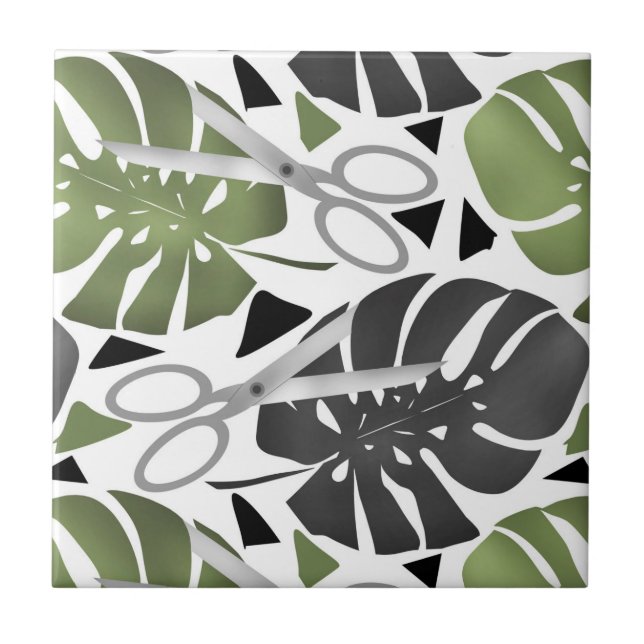 Tropical print monstera leaves scissors jungle exo ceramic tile (Front)