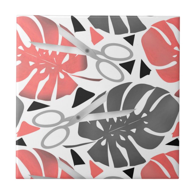 Tropical print monstera leaves scissors jungle exo ceramic tile (Front)