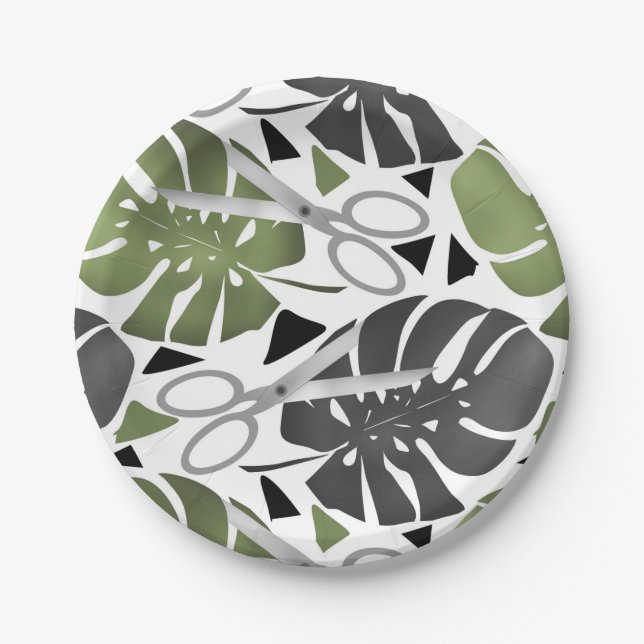 Tropical print monstera leaves scissors jungle exo paper plate (Front)