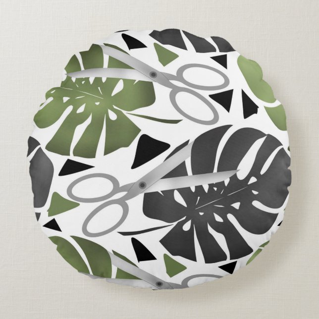 Tropical print monstera leaves scissors jungle exo round cushion (Front)