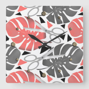 Tropical print monstera leaves scissors jungle exo square wall clock