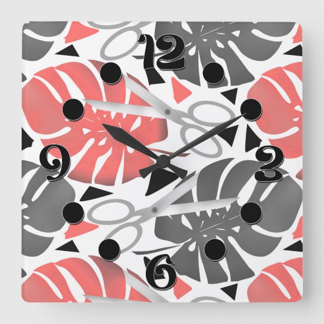 Tropical print monstera leaves scissors jungle exo square wall clock (Front)