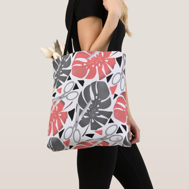 Tropical print monstera leaves scissors jungle exo tote bag (Close Up)