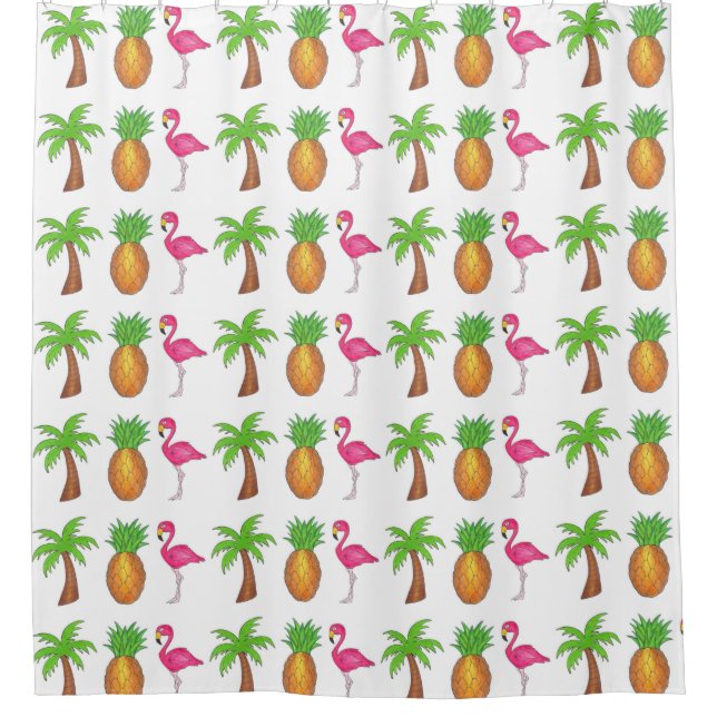 Tropical Print Palm Tree Pineapple Pink Flamingo Shower Curtain (Front)