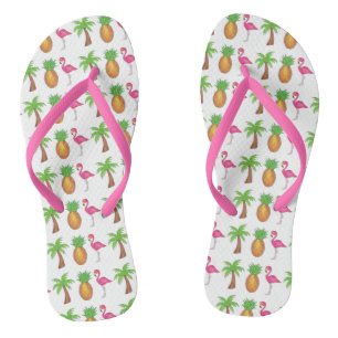 Tropical Print Palm Tree Pineapple Pink Flamingo Thongs