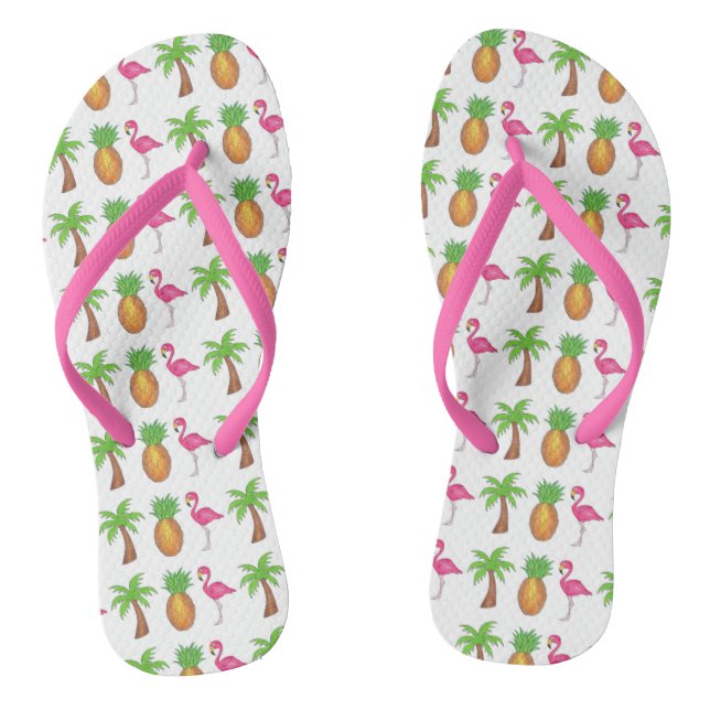 Tropical Print Palm Tree Pineapple Pink Flamingo Thongs (Footbed)