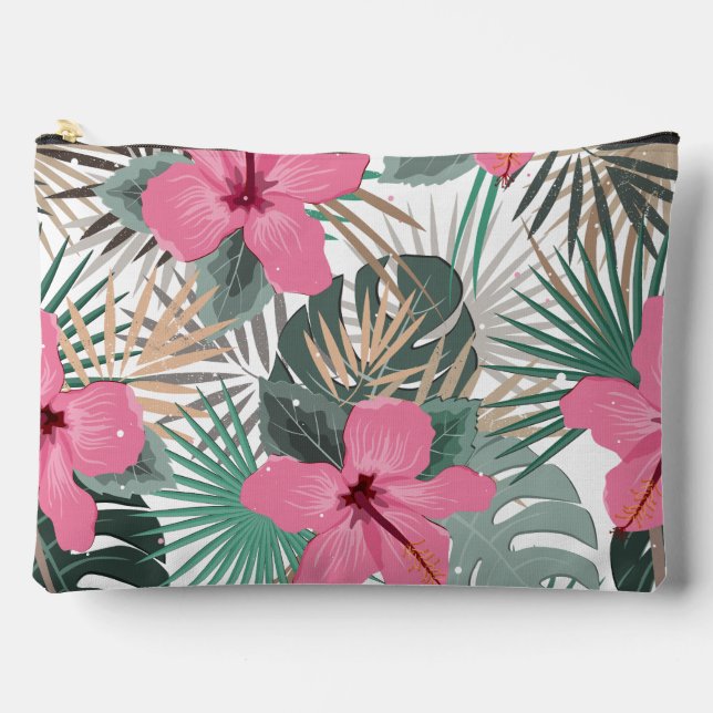 Tropical Print Pink Hibiscus Large Accessory Pouch (Front)
