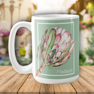 Tropical Protea Flower on Green Coffee Mug