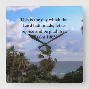 TROPICAL PSALM 118:24 OCEAN AND PALM TREES SQUARE WALL CLOCK