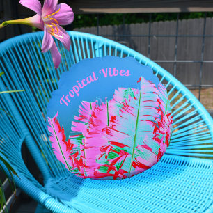 Tropical Psychedelic Palm Fronds Pink Blue Round Cushion
