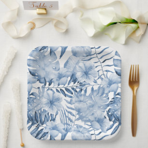 Tropical Purple Blue Floral Leaves Bridal Shower Paper Plate
